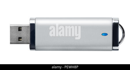 Vista laterale di argento memory stick USB isolato su bianco Foto Stock