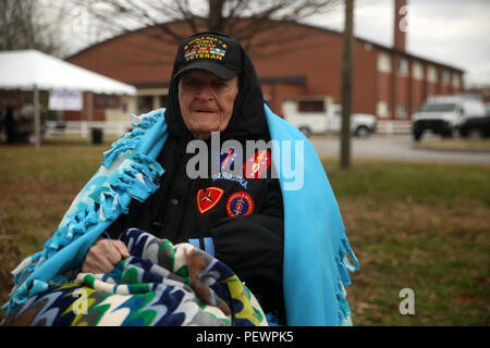 Ritirato Gunnery Sgt. Raoul Gagnon, la II guerra mondiale, guerra di Corea e veterano di guerra di Vietnam, orologi la seconda divisione Marine il settantacinquesimo anniversario parade in Downtown Jacksonville, N.C., 6 febbraio 2016. La celebrazione serve come un tempo per ricordare i Marines e marinai che hanno servito e continuano a servire in seconda divisione Marine, mentre ringraziare la comunità locale per il loro sostegno. (U.S. Marine Corps foto di Cpl. Joey Mendez/rilasciato) Foto Stock