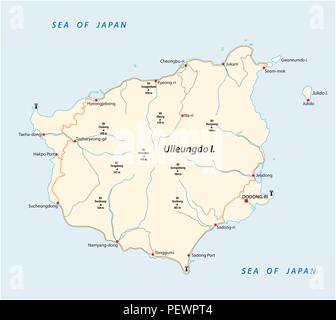 Isola Ulleungdo road e contorno mappa vettoriale. Illustrazione Vettoriale