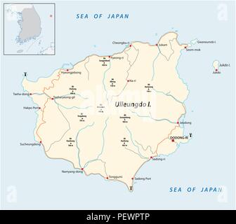 Isola Ulleungdo road e contorno mappa vettoriale. Illustrazione Vettoriale