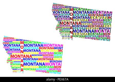 Schizzo Montana (Stati Uniti d'America) testo lettera mappa, Montana map - nella forma del continente, Mappa Montana - colore illustrazione vettoriale Illustrazione Vettoriale