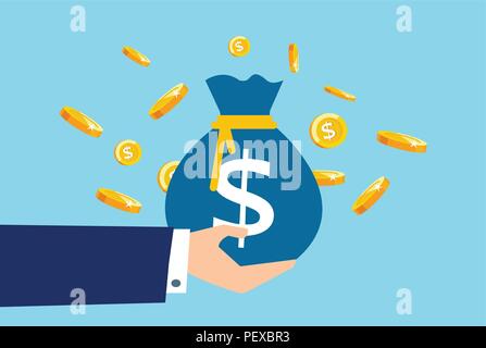 Vettore di un sacchetto di denaro nelle mani di un imprenditore. Banking, concetto di deposito. Illustrazione design piatto. Isolato su sfondo blu Illustrazione Vettoriale