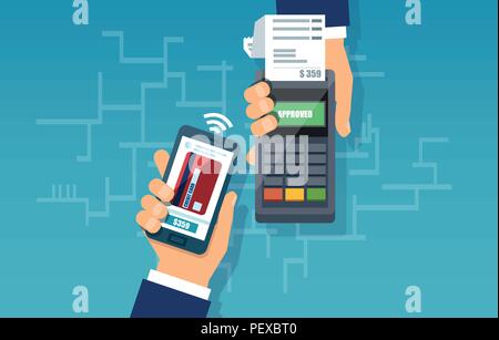 Pagamento mobile banner web concetto. Pagamento con tecnologia NFC sullo smartphone. Design piatto illustrazione vettoriale. Illustrazione Vettoriale