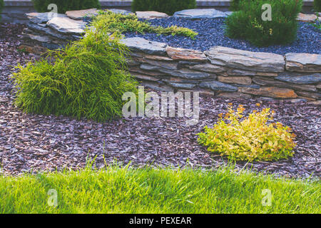 Giardino prato e la corteccia in aiuola. Foto Stock