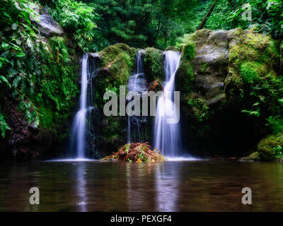 Una lunga esposizione foto di una bellissima cascata con piccolo lago nella foresta pluviale. lunga esposizione Foto Stock