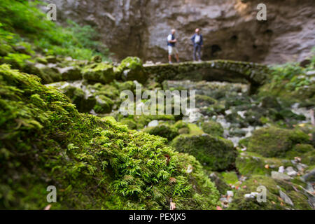 Due esploratori su un ponte di pietra sul fondo di una dolina del Lago di Cerknica nella regione Notranjska, del Carso in Slovenia. Foto Stock