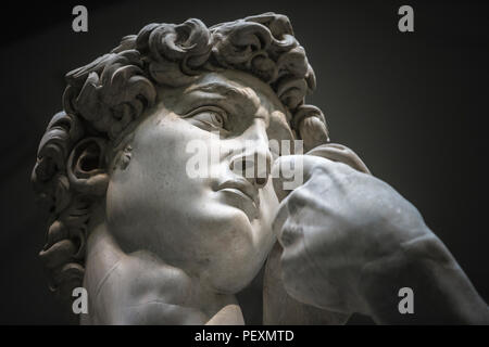 Testa della statua del David di Michelangelo, Galleria dell'Accademia, Firenze, Toscana, Italia Foto Stock