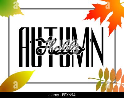Ciao autunno! Disegnata a mano di colore diverse foglie di autunno. Schizzo, gli elementi di design. Gift card layout. Illustrazione vettoriale EPS Illustrazione Vettoriale