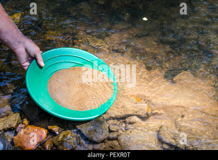 Gold Panning in minerali ricchi di flusso. Divertimento outdoor attività ricreative di prospezione di giacimenti di oro e pietre gemma. Foto Stock