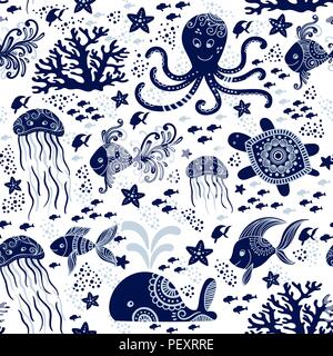 Modello senza cuciture con mare animali subacquei. Cartoon carino meduse, polpo, stelle marine e tartarughe. Sfondo marino per i bambini. Perfetto per la stampa tessile, design di tessuto e tessuto Illustrazione Vettoriale