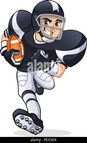 Giocatore di football americano in esecuzione cartoon character design illustrazione vettoriale Illustrazione Vettoriale
