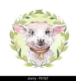 Goatling. Carino illustrazione ad acquerello. Disegnata a mano yeanling. Ghirlanda floreale Foto Stock