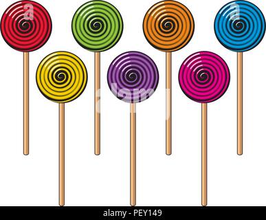 Vettore Collezione di coloratissimi lecca-lecca caramelle in forma di sfere, isolati su sfondo bianco Illustrazione Vettoriale
