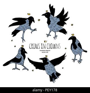 I corvi in corone set uccelli isolato su bianco Illustrazione Vettoriale