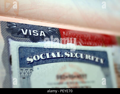 La American visa in un passaporto sfocata lo sfondo della pagina e il numero di previdenza sociale documento personale. SSN - numero di previdenza sociale per vivere in Stati Uniti d'America - s Foto Stock