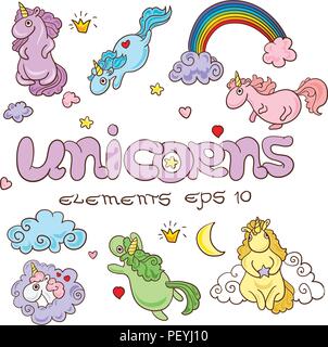 Set di Cartoon carino Unicorns isolato su uno sfondo bianco Illustrazione Vettoriale