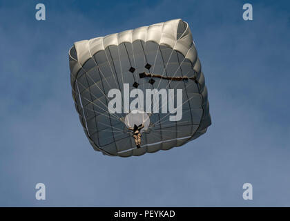 Un U.S. Paracadutista esercito dal 4° Battaglione, campo 319Reggimento di Artiglieria (airborne), 173rd Brigata Aerea, visto dalla terra dopo aver eseguito con successo una uscita da un UH-60L Black Hawk elicottero. Paracadutisti condotti su 200 airborne proficiency salta da due UH-60L Black Hawk elicotteri da 3° Battaglione 227th reggimento di aviazione, Task Force Spearhead, febbraio 18, 2016 a caduta di Bunker-zona Grafenwoehr, Germania. (U.S. Esercito foto di Sgt. Thomas Mort) Foto Stock