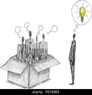 Il pensiero al di fuori della scatola. Concettuale immagine aziendale di persone che pensano in scatola e un pensatore indipendente coming up con un'idea. Illustrazione Vettoriale