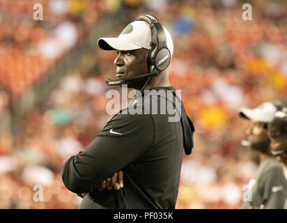 New York getti head coach Todd Bowles orologi secondo trimestre azione durante la partita contro i Washington Redskins con FedEx Campo in Landover, Maryland il giovedì 16 agosto, 2018. Credito: Ron Sachs/CNP (restrizione: NO New York o New Jersey o giornali quotidiani nel raggio di 75 miglia da New York City) | utilizzo del credito in tutto il mondo: dpa picture alliance/Alamy Live News Foto Stock