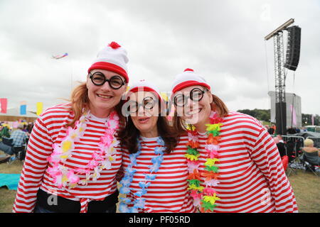 Henley-on-Thames, Regno Unito. Il 18 agosto 2018. Il Festival di riavvolgimento a sud a Henley-on-Thames il primo giorno ha attirato migliaia di appassionati che hanno vestito per l'occasione. Sul palco sono stati cantanti e gruppi dal 80's. Questi includevano la marmellata, ex membri di ELO, Howard Jones, Billy Ocean, Odissea,Jason Donovan, Nik Kershaw, Midge Ure, Marc Almond, Shalamar e Kool & Gang. Credito: Uwe Deffner/Alamy Live News Foto Stock