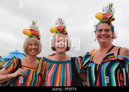 Henley-on-Thames, Regno Unito. Il 18 agosto 2018. Il Festival di riavvolgimento a sud a Henley-on-Thames il primo giorno ha attirato migliaia di appassionati che hanno vestito per l'occasione. Sul palco sono stati cantanti e gruppi dal 80's. Questi includevano la marmellata, ex membri di ELO, Howard Jones, Billy Ocean, Odissea,Jason Donovan, Nik Kershaw, Midge Ure, Marc Almond, Shalamar e Kool & Gang. Credito: Uwe Deffner/Alamy Live News Foto Stock