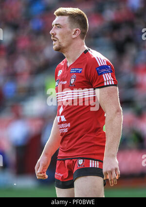 Salford, Regno Unito. 18/8/2018. Rugby League Super 8's Salford Red Devils vs Widnes Vikings ; Salford Red Devils" ed il ciambellano a AJ Bell Stadium, Salford, Regno Unito. Dean Williams Foto Stock