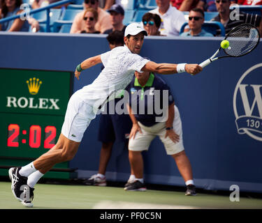 Ohio, Stati Uniti d'America. Il 18 agosto 2018. Novak Djokovic (SRB) colpisce la palla a Marin CILIC (CRO) Sud Occidentali in aperto Mason, Ohio, Stati Uniti d'America. Brent Clark/Alamy Live News Foto Stock