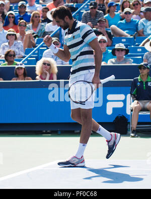 Ohio, Stati Uniti. 18 agosto 2018. Marin Cilic (CRO) celebra un punto contro Novak Djokovic (SRB) al Western Southern Open di Mason, Ohio, USA. Brent Clark/Alamy Live News Foto Stock