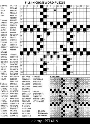 Riempire il puzzle crossword vuoto con griglia di stile americano di 21x21 dimensioni, 68 blocchi, 110 parole, una lettera rivelato. Risposta inclusa. Illustrazione Vettoriale