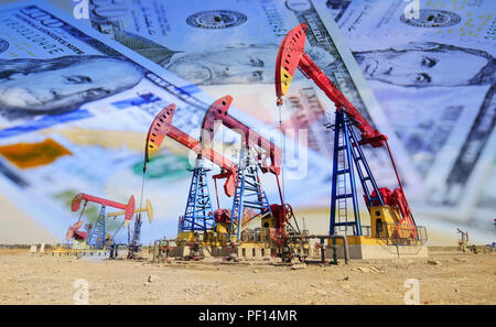 Petrolio, petrodollar e olio greggio concetto, pompa olio sullo sfondo del dollaro USA, dollari e pompe di olio Foto Stock