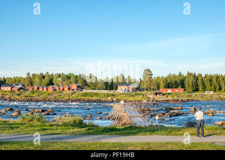 Turista gode la vista da Kukkola in Svezia attraverso il fiume Torne verso la Finlandia. Kukkola rapids è stato un sito di pesca sin dal medioevo Foto Stock