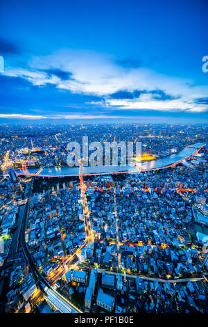 Asia Business concept per il settore immobiliare e aziendale - costruzione urbana panoramiche dello skyline della città vista aerea sotto il cielo al crepuscolo e di notte al neon di Tokyo Foto Stock