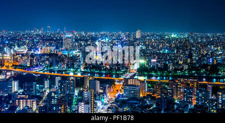 Asia Business concept per il settore immobiliare e aziendale - costruzione urbana panoramiche dello skyline della città vista aerea sotto il cielo al crepuscolo e di notte al neon di Tokyo Foto Stock