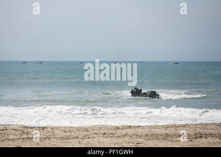 Assalto anfibio veicoli (AAV) preparare per venire a terra e impiegare Marines con 1° Battaglione, 4 Marines, 1° Divisione Marine, durante lo sbarco Esercizio (PHIBLEX) per esercitare il pugno di ferro 2016 a bordo di Camp Pendleton, California, 26 febbraio, 2016. Questo anno di PHIBLEX è un accordo bilaterale, battaglione dimensioni nave-banchina di sbarco anfibio utilizzando AAV a cogliere una testa di ponte e quindi la transizione verso le operazioni sul terreno dell'entroterra di fissare ulteriori obiettivi. (U.S. Marine Corps foto di Cpl. Xzavior T. McNeal/rilasciato) Foto Stock