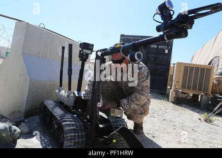 Stati Uniti Marine Sgt. Juan Cerna, un'eliminazione degli ordigni esplosivi tecnico con Marine Wing Support Squadron 372, Special Purpose Marine Air Ground Task Force-Crisis Response-Central comando, cambia le batterie in un Taloni Mark II robot in una località segreta in Asia sud-ovest, il 20 febbraio, 2016. L'EOD tecnici sono presenti per fornire la base e l'aviosuperficie con la capacità di gestire ordigni inesplosi, appeso inesplosi, o confezioni sospette. (U.S. Marine Corps foto di Sgt. Owen Kimbrel/rilasciato) Foto Stock