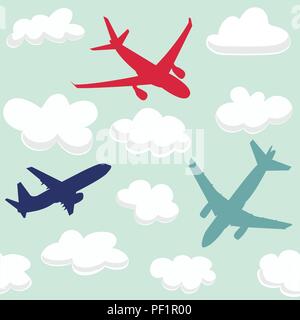 Seamless pattern bambino con piani di volo e nuvole Illustrazione Vettoriale