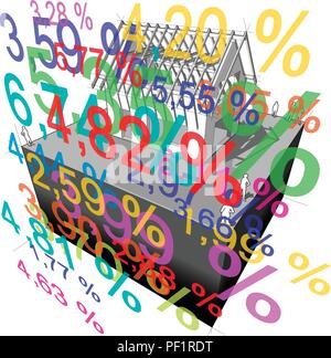 Schema di una semplice casa unifamiliare in costruzione con molti tasso d'interesse percentuali nella parte anteriore di esso Illustrazione Vettoriale