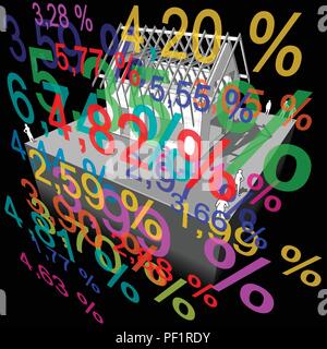 Schema di una semplice casa unifamiliare in costruzione con molti tasso d'interesse percentuali nella parte anteriore di esso Illustrazione Vettoriale