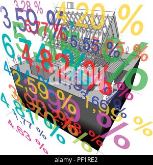 Schema di una semplice casa unifamiliare con molti tasso d'interesse percentuali nella parte anteriore di esso Illustrazione Vettoriale