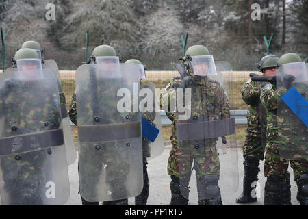 Soldati rumeni del XXVI Battaglione di montagna condotta folla antisommossa della formazione durante la conduzione di una sommossa esercizio di controllo durante una forza per il Kosovo (KFOR) Missione prove generali di esercizio (MRE) al giunto multinazionale Centro Readiness in Hohenfels, Germania, Feb 18, 2016. La KFOR MRE 21 è basato sull'attuale ambiente operativo ed è progettato per preparare l'unità per il sostegno della pace e della stabilità e le operazioni di emergenza in Kosovo a sostegno delle autorità civili per mantenere un ambiente sicuro e protetto. (U.S. Esercito foto di Pvt. Randy Wren/rilasciato) Foto Stock