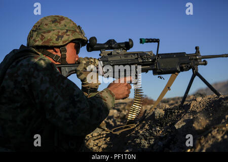 Una macchina gunner assegnato all'esercito occidentale Reggimento di Fanteria, Giappone terra Self Defence Force, incendi a M249 squad arma automatica durante la fase di esercizio del pugno di ferro 2016, a bordo del Marine Corps Air Ground Centro di combattimento ventinove Palms, California, Febbraio 9, 2016. Il pugno di ferro è un annuale, bi-laterale esercizio di formazione tra il Giappone terra Self Defence Force e marines per rafforzare le capacità di combattimento in nave per le operazioni a terra. Foto Stock