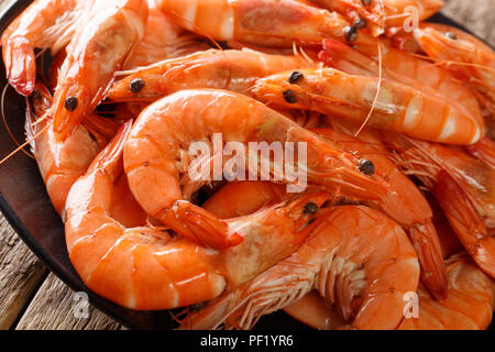 Bella bollito di gamberi grandi close-up su una piastra. Sfondo di cibo. orizzontale Foto Stock