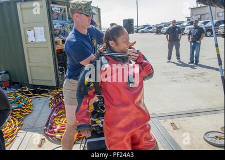 160226-N-HD porta670-187 HUENEME, California (Feb. 26, 2015) - capo meccanico di costruzione Elisia Correa, assegnato alla Naval Facilities Engineering Command, ingegneria e Expeditionary Warfare Center, indossa una tuta a secco per la sua ultima ufficiale dive come Seabee subacqueo e per chiedere il permesso di recarsi a terra per l'ultima volta durante la sua cerimonia di pensionamento. Correa in pensione dopo 23 anni di servizio come un Seabee e un subacqueo Seabee. (U.S. Navy foto di Utilitiesman 3rd Class Stephen Sisler/rilasciato) Foto Stock