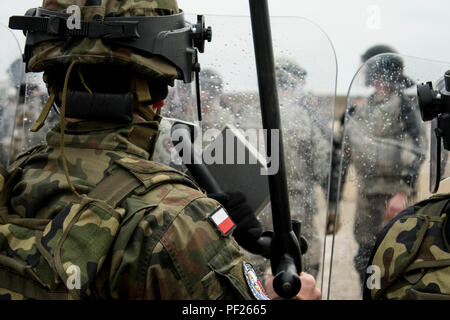 Soldati polacchi assegnati alla battaglia multinazionale Group-East mantenere una linea difensiva durante una multinazionale folla antisommossa esercizio, febbraio 25, 2016 a Camp Maréchal de Lattre de Tassigny, in Kosovo. CRC gli eventi di formazione sono condotte in modo MNBG-E truppe sono preparati per assistere il Kosovo degli organi incaricati di applicare la legge, se necessario. (U.S. Esercito foto di Sgt. David I. Marchese, multinazionale battaglia Group-East) Foto Stock