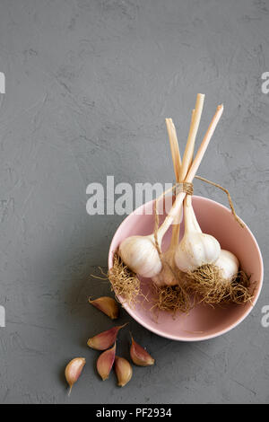 Bulbi di aglio in rosa ciotola, spicchi di aglio su sfondo concreto, vista dall'alto. Copia dello spazio. Foto Stock