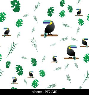 Illustrazione Vettoriale. Modello senza giunture. Toucan e tropical mostro lascia Illustrazione Vettoriale