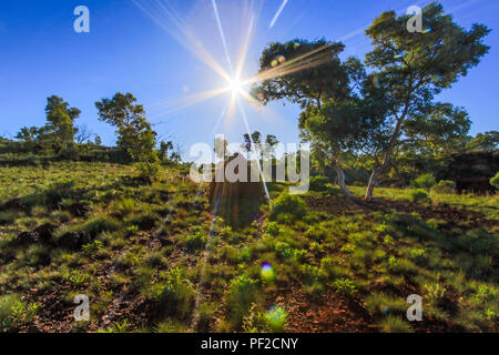 Sole che sorge su roccia rossa e paesaggio verde dell'entroterra Foto Stock