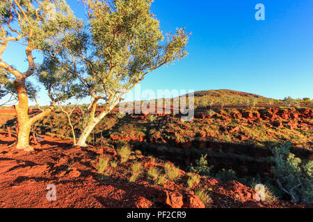 Sole che sorge su roccia rossa e paesaggio verde dell'entroterra Foto Stock