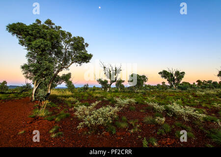 Sole che sorge su roccia rossa e paesaggio verde dell'entroterra Foto Stock