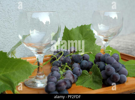 Still Life - due bicchieri di vino, uve blu e foglie disposte su un vassoio in legno Foto Stock